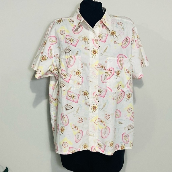 Vintage‎ Floral Cotton Button down Camp Shirt With Garden Print, size 18 - Picture 1 of 12